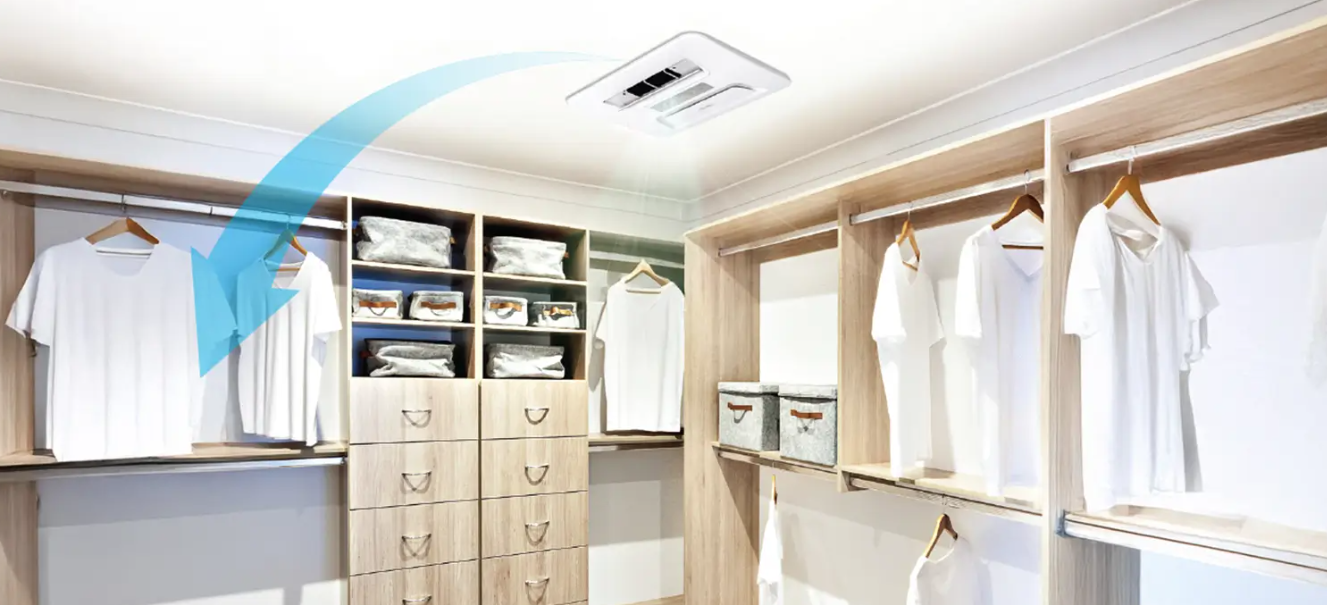 HueLeben swing airflow reaching clothes across a walk-in wardrobe