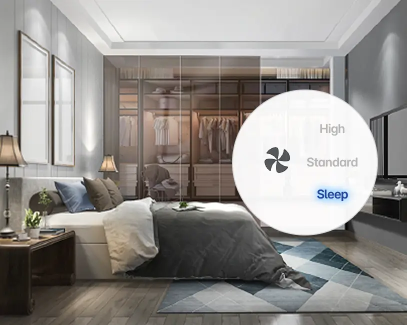 Bedroom walk-in wardrobe with HueLeben air volume modes: high, standard and sleep
